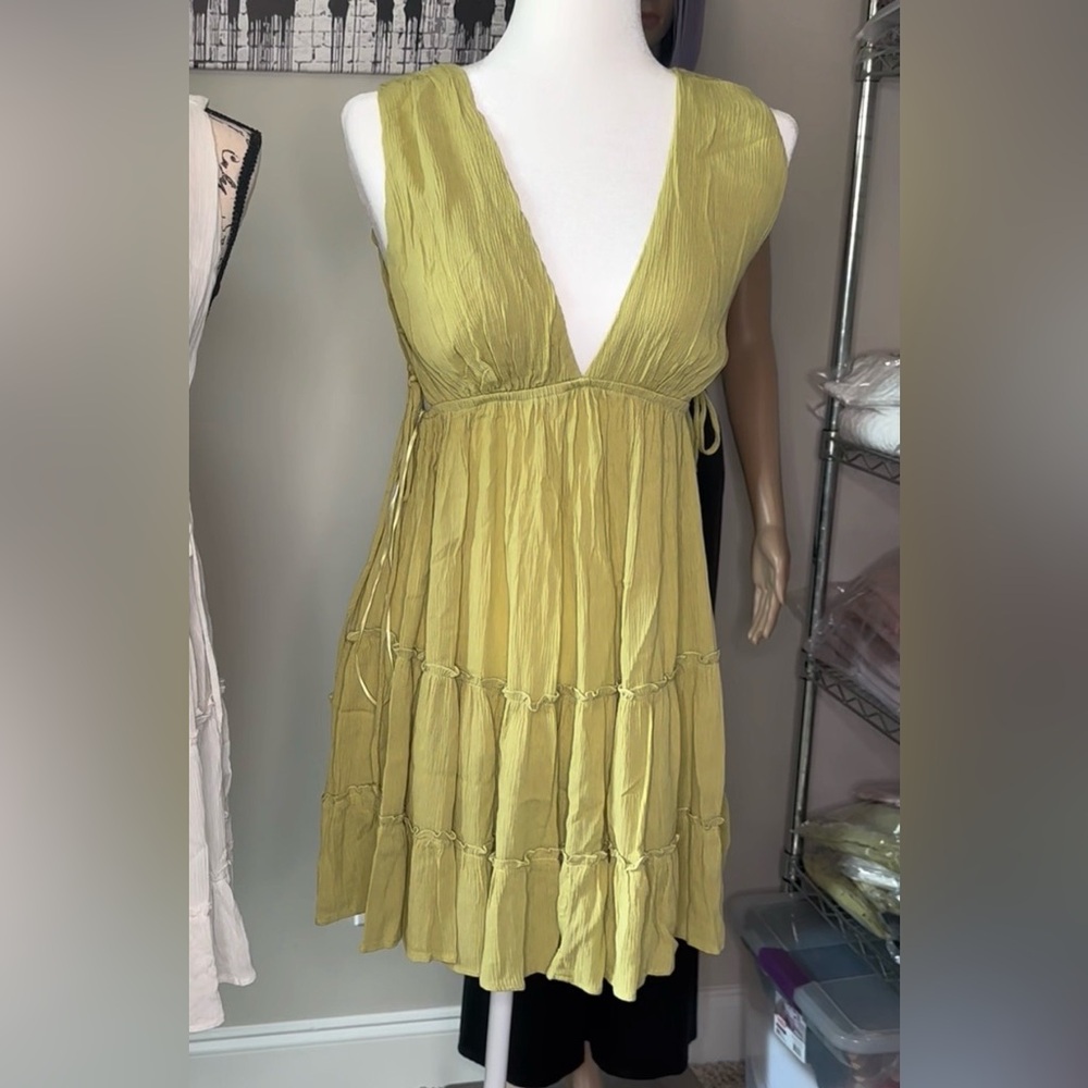 Plunging V-Neck Tiered Mini Dress in Olive Green